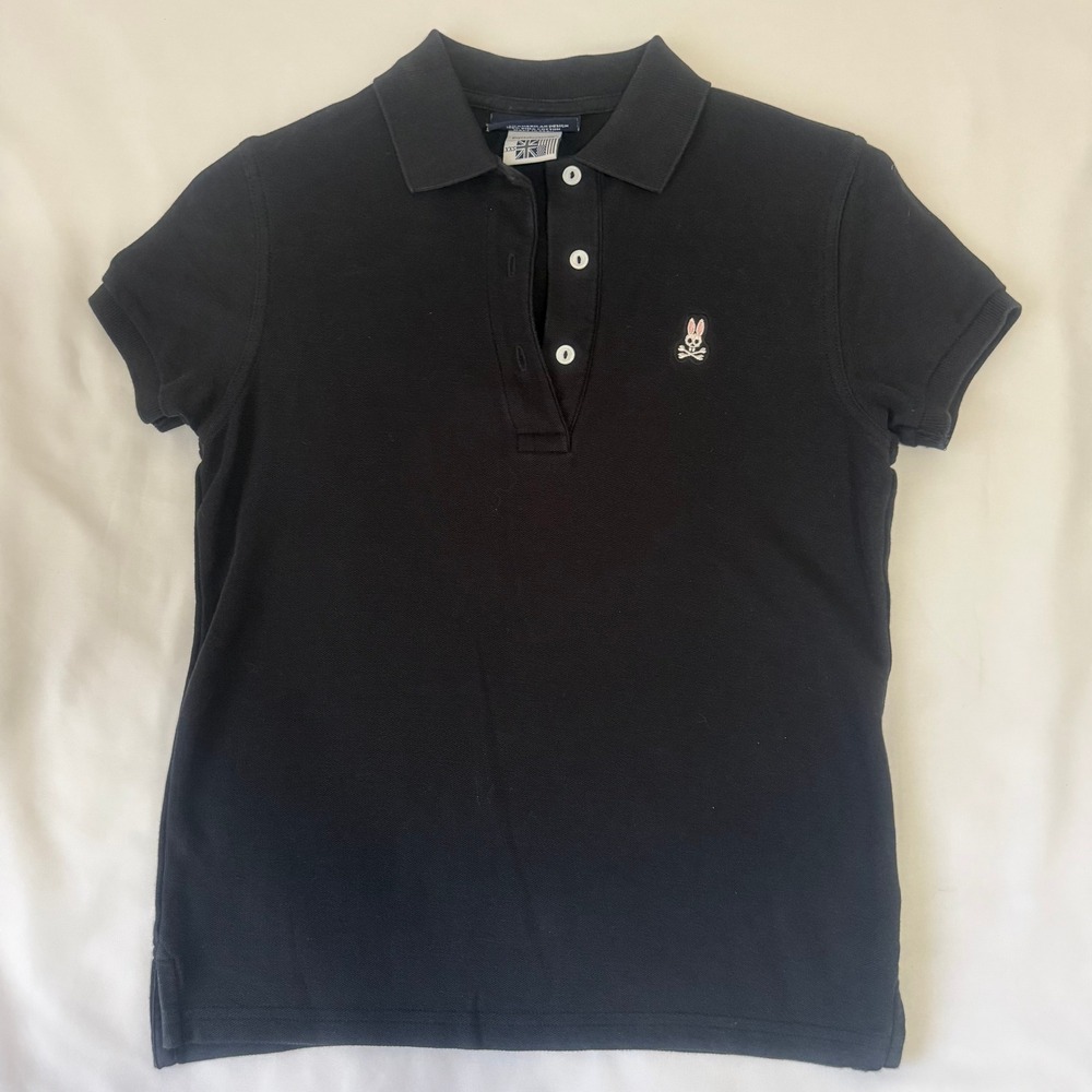 Psycho Bunny Womens Black Short Sleeve Polo Shirt Bunny Logo XXS Pima Cotton